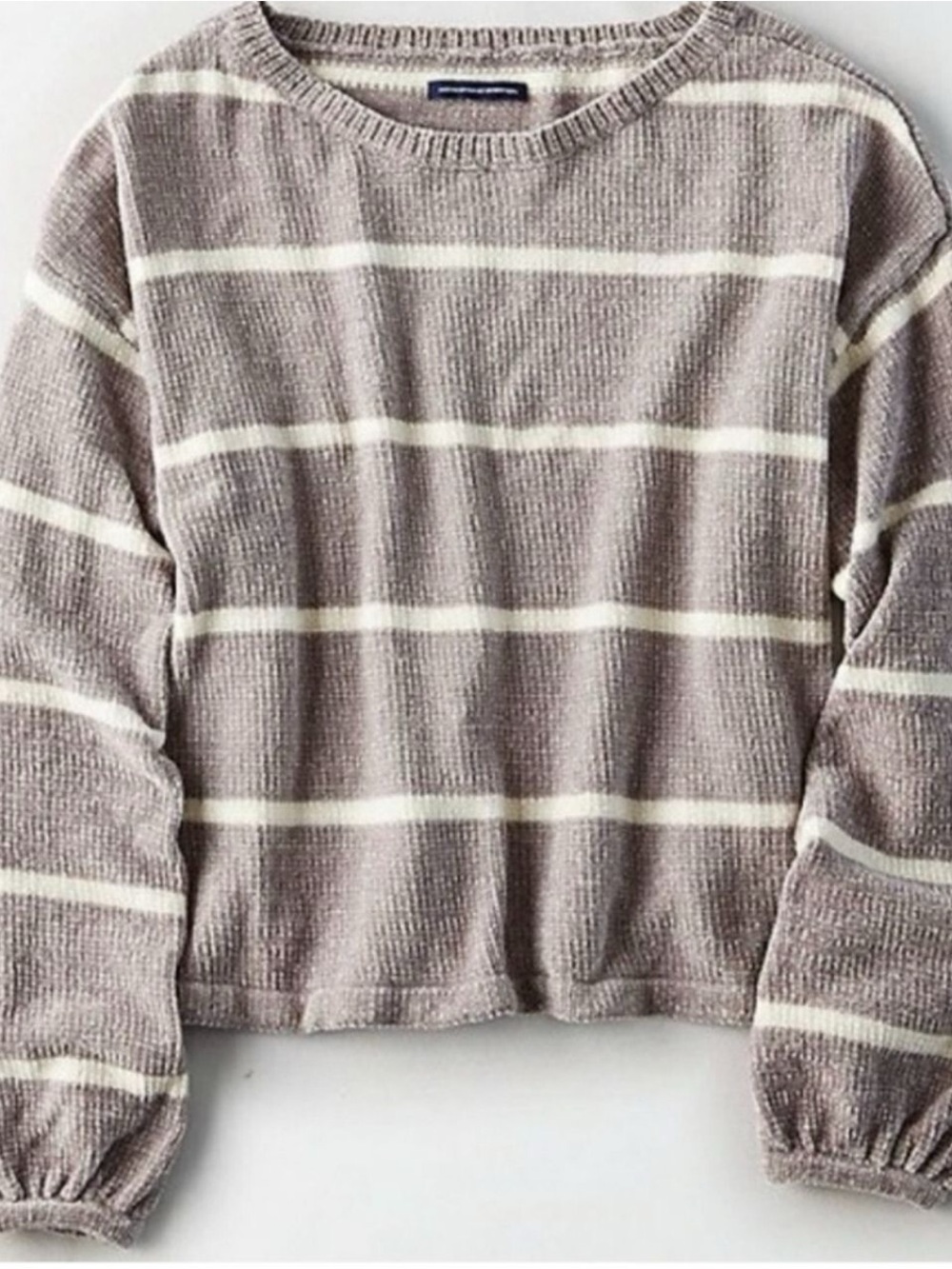 American Eagle Outfitters Grey and Cream Striped Crewneck Sweater